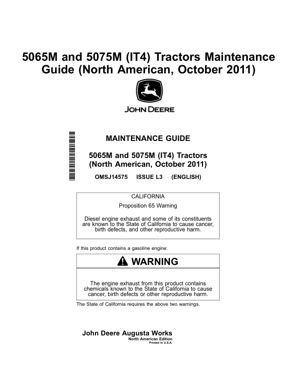 John Deere Maintenance Manual 5065M & 5075M (IT4) Tractor North America (October 2011) Operator's Manual (OMSJ14575)