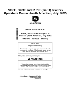 John Deere 5083E, 5093E, 5101E (Tier 3) Tractors (July 2012-) Operator's Manual (OMSJ15763)