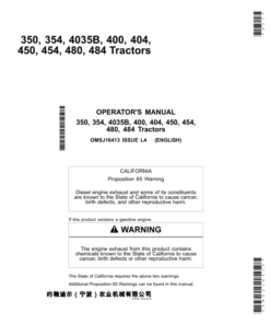 John Deere 350, 354, 4035B, 400, 404, 450, 454, 480 & 484 Tractors (Stage II Emission) Operator's Manual (OMSJ16413)