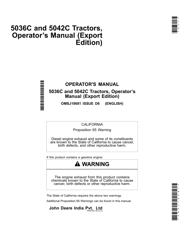 John Deere 5036C, 5042C Tractors Operator's Manual (OMSJ19681)