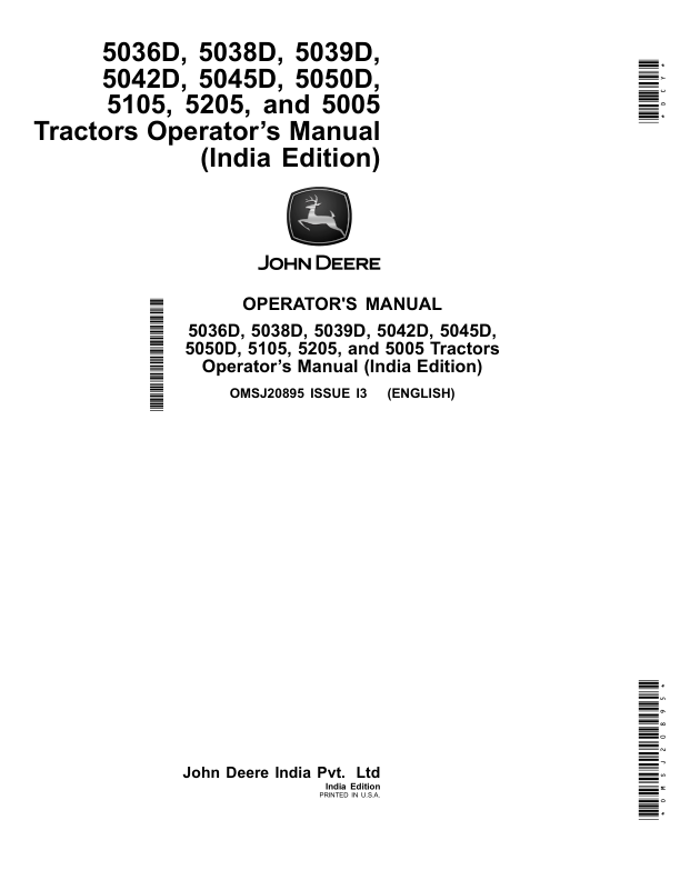 John Deere 5036D, 5038D, 5039D, 5042D, 5045D, 5050D, 5105D, 5205D, 5005D Tractors (India) Operator's Manual (OMSJ20895)