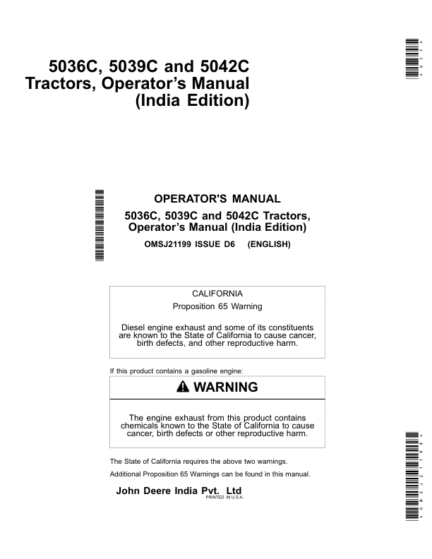 John Deere 5036C, 5041C Tractors (India) Operator's Manual (OMSJ21199)