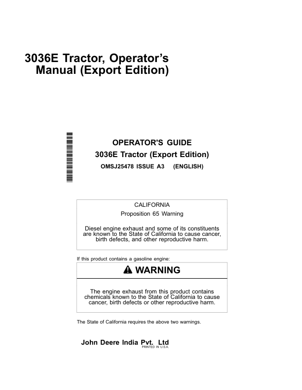 John Deere 3036E Tractor (MY2015-MY2018) Operator's Manual (OMSJ25478)