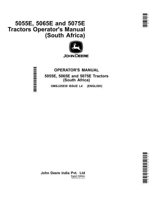 John Deere 5055E, 5065E, 5075E Tractors (South Africa) Operator's Manual (OMSJ25839)