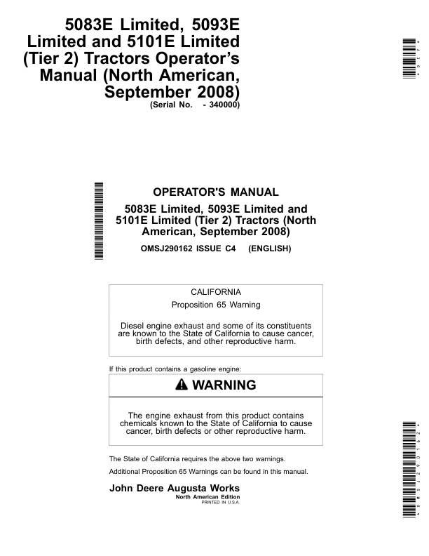 John Deere 5083E Limited, 5093E Limited, 5101E Limited (Tier 2) Tractors Operator’s Manual (September 2008) (-340000) Operator's Manual (OMSJ290162)