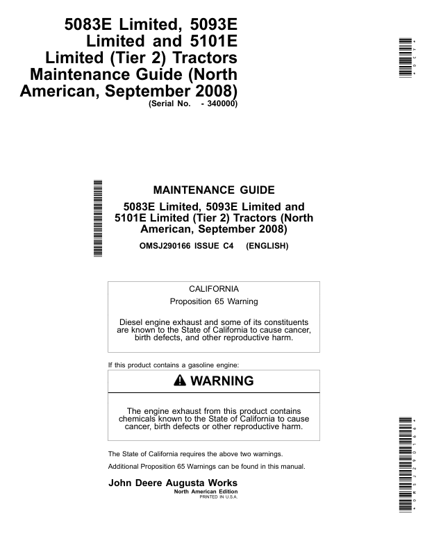 John Deere 5083E Limited, 5093E Limited, 5101E Limited (Tier 2) Tractors Maintenance Guide (September 2008) (-340000) Operator's Manual (OMSJ290166)