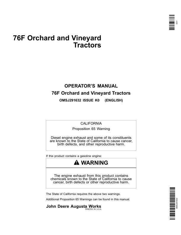 John Deere 76F Orchard, Vineyard Tractors Operator's Manual (OMSJ291632)