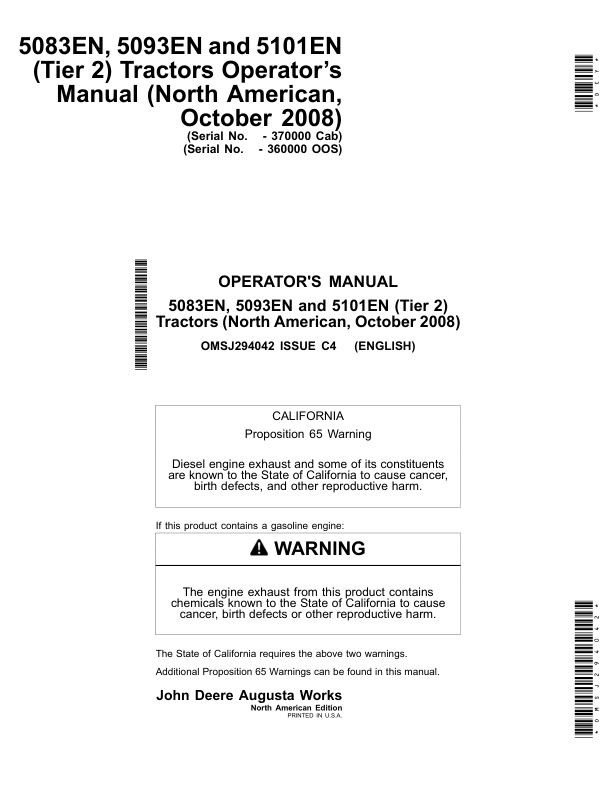 John Deere 5083EN, 5093EN, 5101EN (Tier 2) Tractors Operator’s Manual (October 2008) (-360000 OOS) (-370000 Cab) Operator's Manual (OMSJ294042)