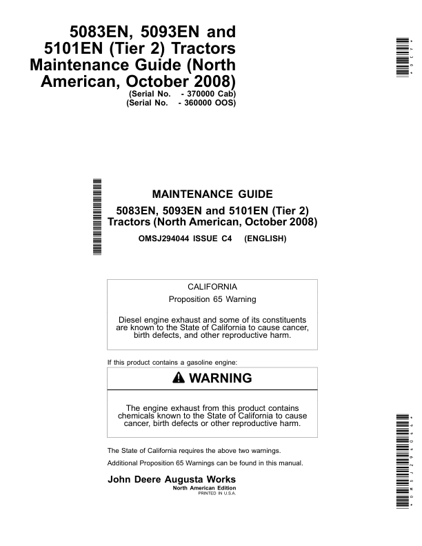 John Deere 5083EN, 5093EN, 5101EN (Tier 2) Tractors Maintenance Guide (October 2008) (-360000 OOS) (-370000 Cab) Operator's Manual (OMSJ294044)