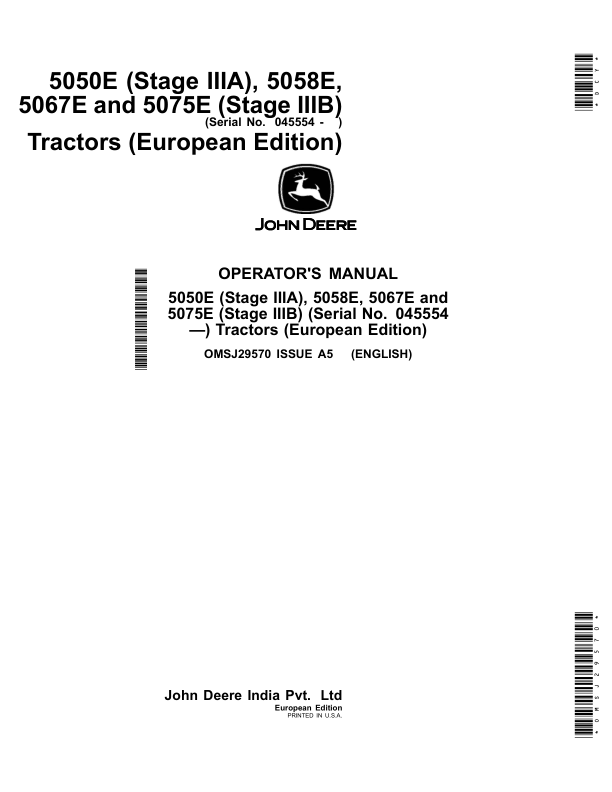 John Deere 5050E (Stage IIIA), 5058E, 5067E, 5075E (Stage IIIB) Tractors (European Edition) Operator's Manual (OMSJ29570)