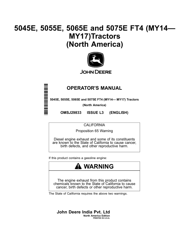 John Deere 5045E, 5055E, 5065E, 5075E FT4 (MY2014-MY2017) Tractors (North America Edition) Operator's Manual (OMSJ29833)