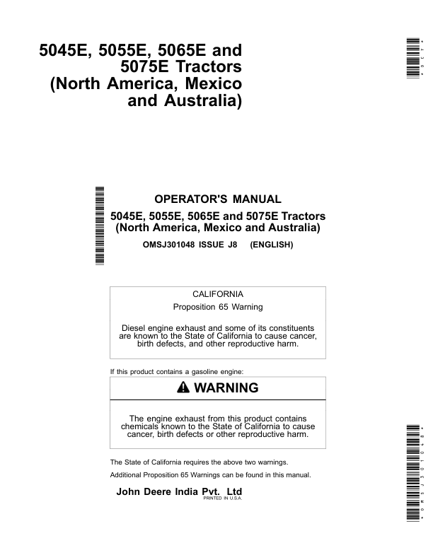 John Deere 5045E, 5055E, 5065E, 5075E Tractors (2008-MY2013, Australia-MY2008-MY2017), Operator's Manual (OMSJ301048)