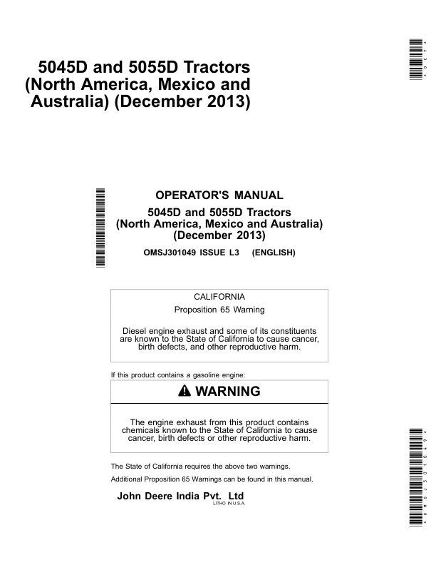 John Deere 5045D, 5055D Tractors Operator's Manual (OMSJ301049)