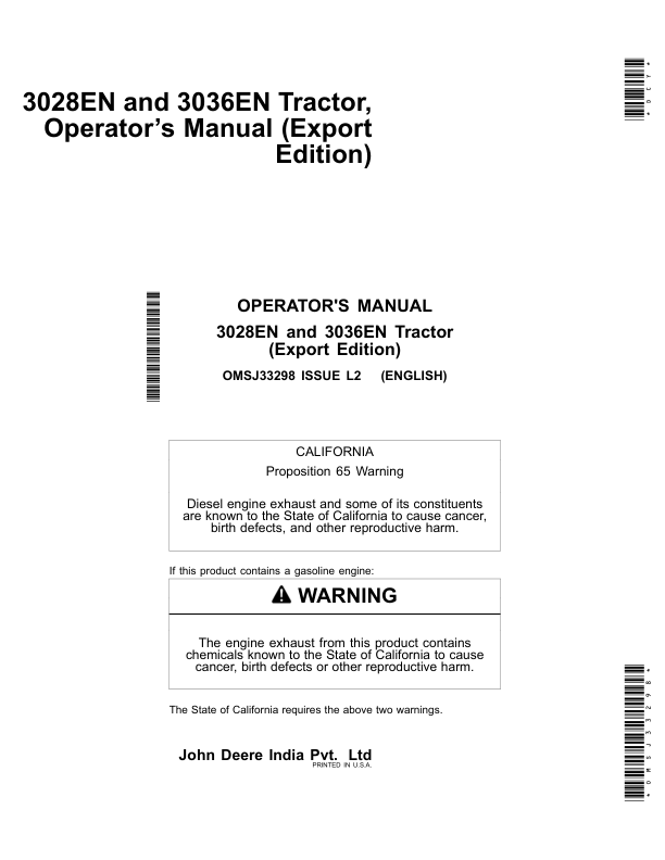 John Deere 3028EN, 3036EN Tractor Operator's Manual (OMSJ33298)