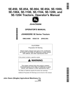 John Deere 5E-850, 5E-854, 5E-904, 5E-954, 5E-1000, 5E-1004, 5E-1100, 5E-1104, 5E-1200, 5E-1204 Tractors (MY2018-) Operator's Manual (OMSJ34998)