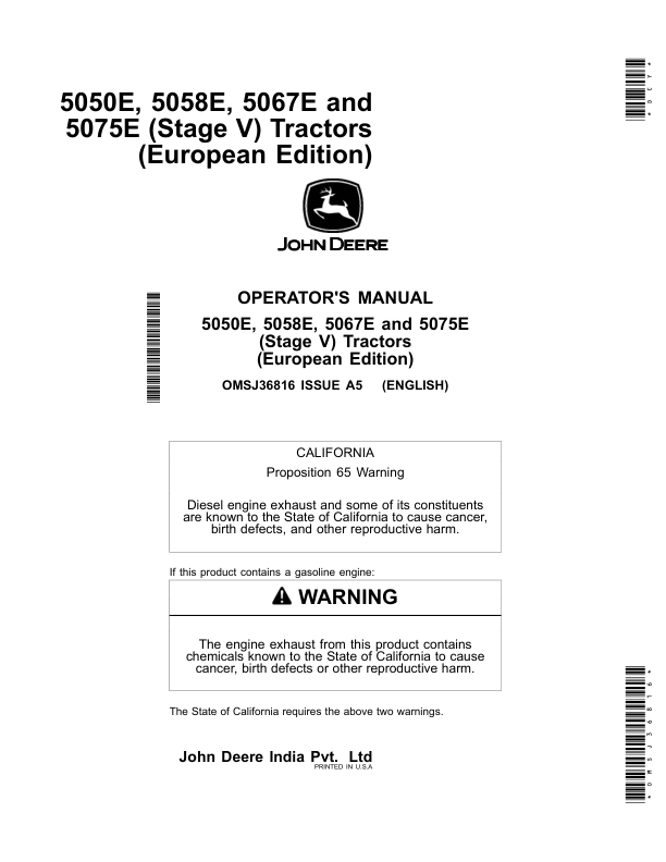 John Deere 5050E, 5058E, 5067E, 5075E (Stage V) Tractors (European Edition) Operator's Manual (OMSJ36816)