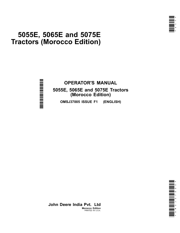 John Deere 5055E, 5065E, 5075E Tractors (Morocco Edition) Operator's Manual (OMSJ37005)