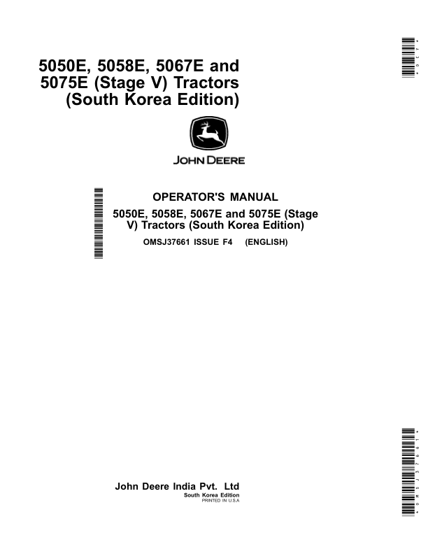John Deere 5050E, 5058E, 5067E, 5075E (Stage V) Tractors (South Korea Edition) Operator's Manual (OMSJ37661)