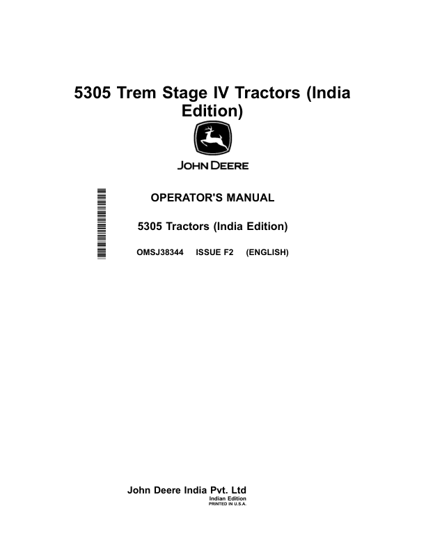 John Deere 5305 Tractors (India) (India) Operator's Manual (OMSJ38344)