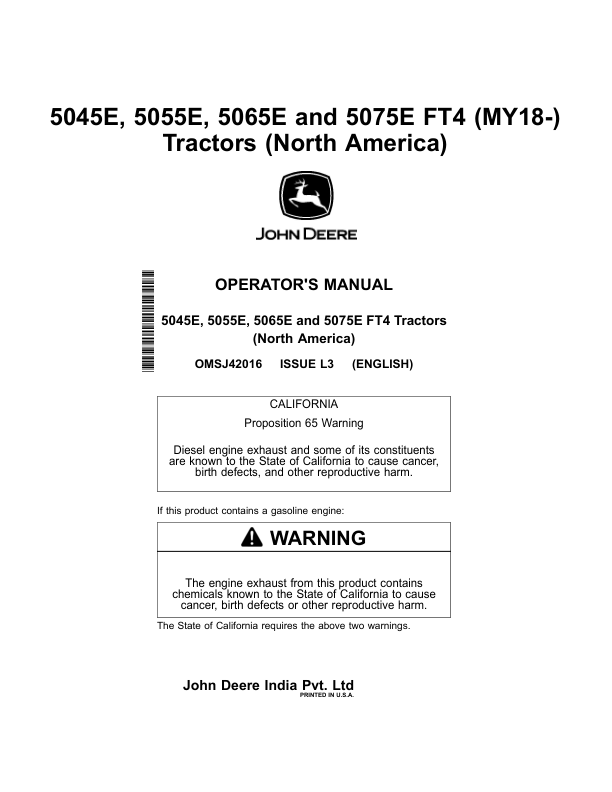 John Deere 5045E, 5055E, 5065E, 5075E FT4 Tractors (MY2018-MY2022) (North America) Operator's Manual (OMSJ42016)