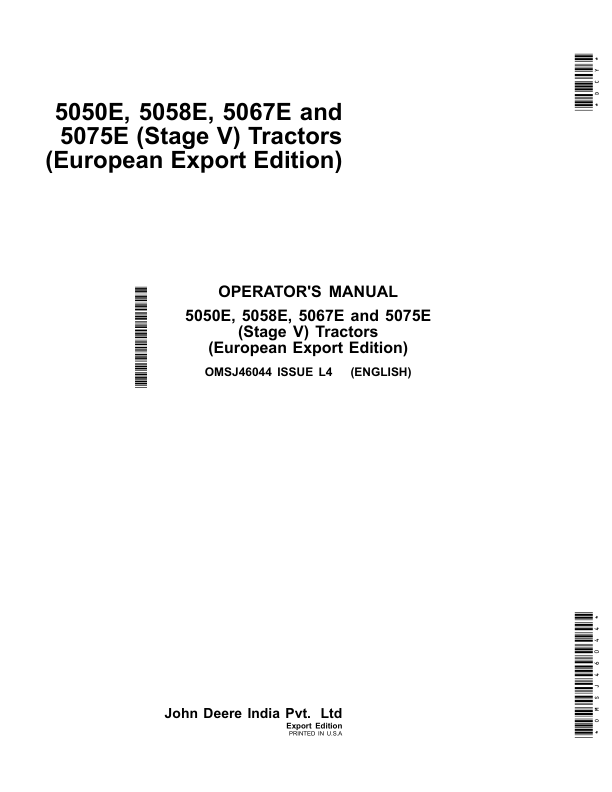 John Deere 5050E, 5058E, 5067E, 5075E (Stage V) Tractors (European Export Edition) Operator's Manual (OMSJ46044)