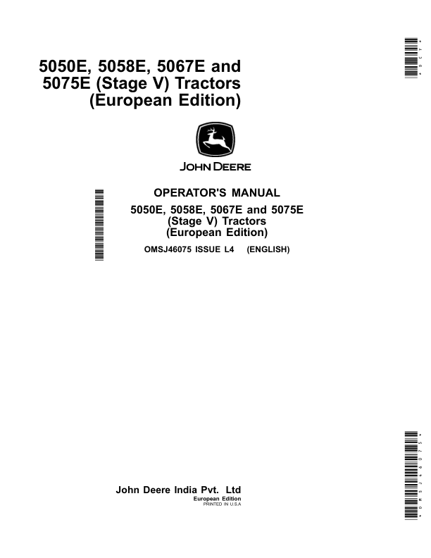 John Deere 5050E, 5058E, 5067E, 5075E (Stage V) Tractors (European Edition) Operator's Manual (OMSJ46075)