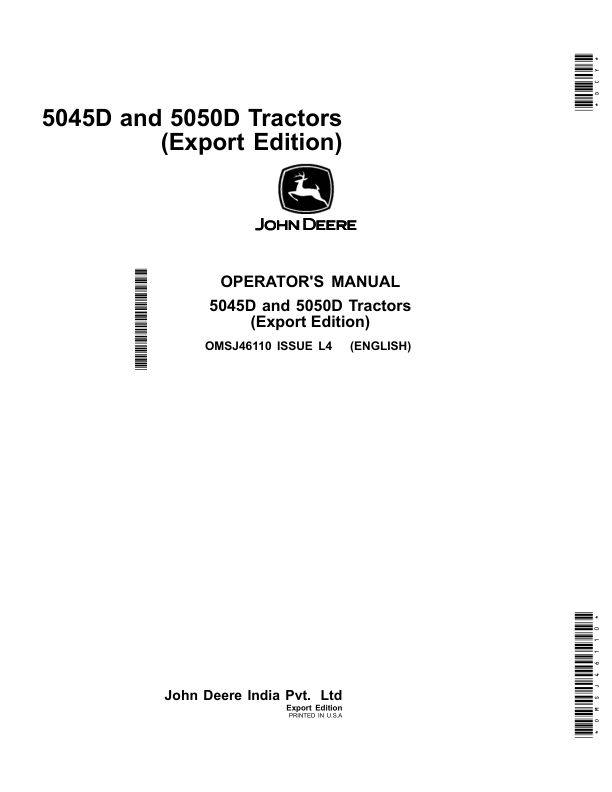 John Deere 5045D, 5050D Tractors (Export Edition) Operator's Manual (OMSJ46110)