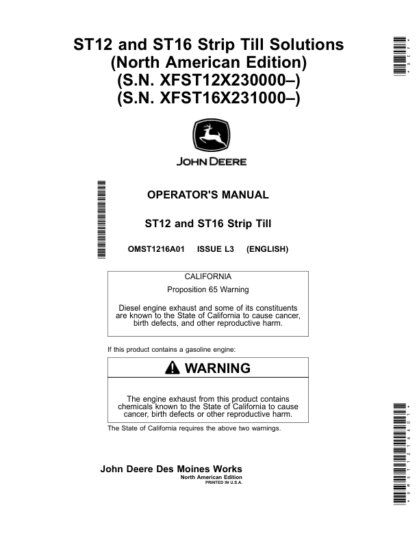 John Deere ST12, ST16 Strip Till Solutions (North American) (S.N. XFST12X230000–) (S.N. XFST16X231000–) Operator's Manual (OMST1216A01)