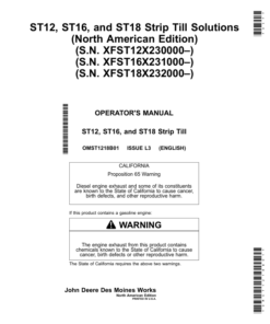 John Deere ST12, ST16, ST18 Strip Till Solutions (North American) (S.N. XFST12X230000–) (S.N. XFST16X231000–) (S.N. XFST18X232000–) Operator's Manual (OMST1218B01)