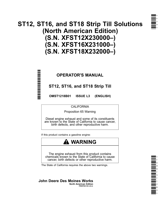 John Deere ST12, ST16, ST18 Strip Till Solutions (North American) (S.N. XFST12X230000–) (S.N. XFST16X231000–) (S.N. XFST18X232000–) Operator's Manual (OMST1218B01)