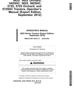 John Deere 5425, 5425 Orchard, 5425HC, 5625, 5625HC, 5725, 5725 Orchard, 5725HC Tractors Operator's Manual (OMSU21580)