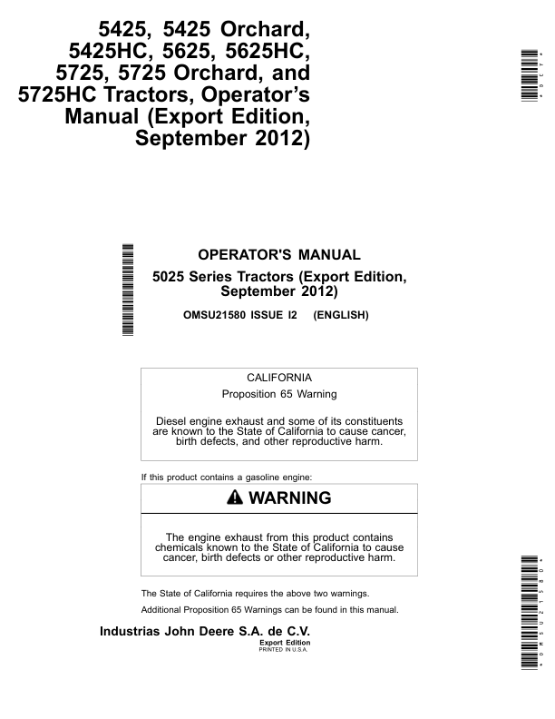John Deere 5425, 5425 Orchard, 5425HC, 5625, 5625HC, 5725, 5725 Orchard, 5725HC Tractors Operator's Manual (OMSU21580)