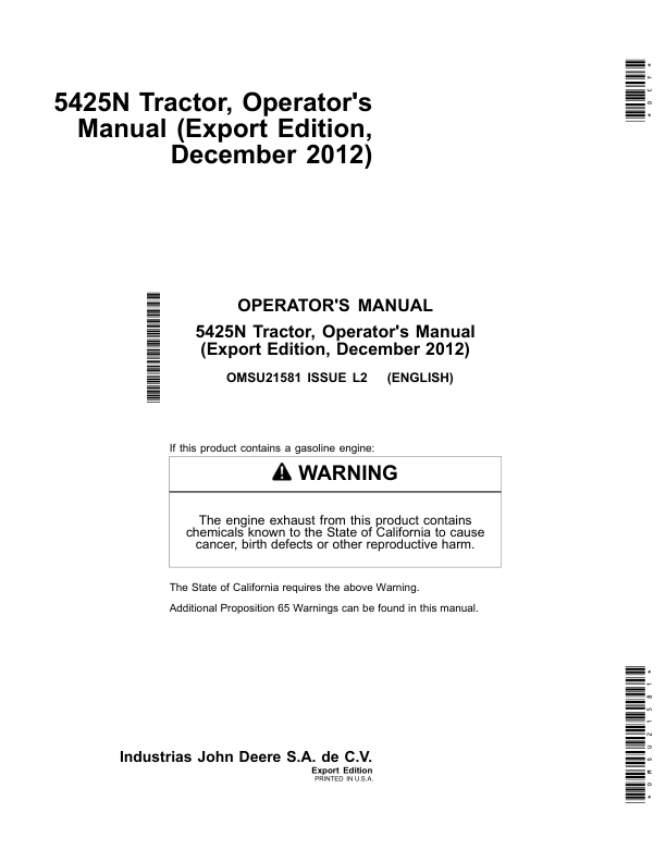 John Deere 5425N Narrow Tractor Operator's Manual (OMSU21581)