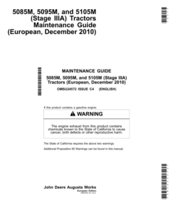 John Deere 5085M, 5095M, 5105M (Stage IIIA) Tractors Maintenance Guide (December 2010) Operator's Manual (OMSU24572)