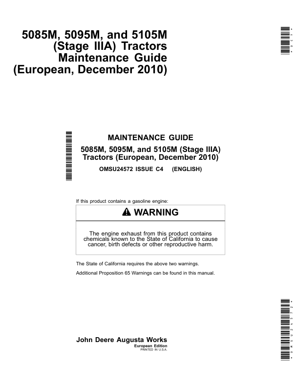 John Deere 5085M, 5095M, 5105M (Stage IIIA) Tractors Maintenance Guide (December 2010) Operator's Manual (OMSU24572)