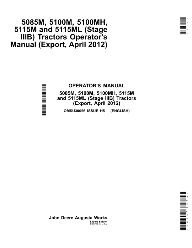 John Deere 5085M, 5100M, 5100MH, 5115M & 5115ML Tractors (IT4 Engines) (Mfg in USA) Operator's Manual (OMSU30056)