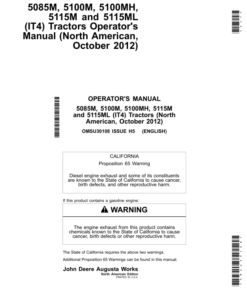 John Deere 5085M, 5100M, 5100MH, 5115M & 5115ML Tractors (IT4 Engines) (Mfg in USA) Operator's Manual (OMSU30108)