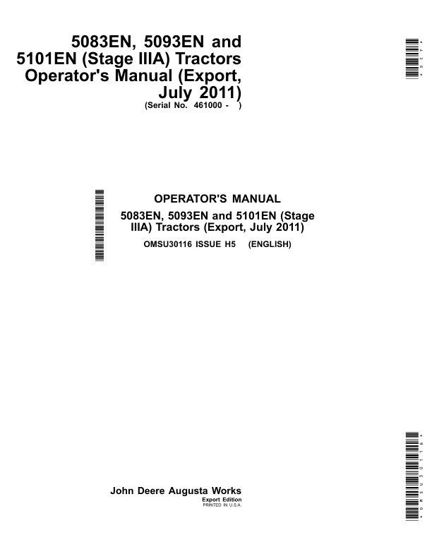 John Deere 5083EN, 5093EN, 5101EN (Stage IIIA) Tractors (July 2011) (461000-) Operator's Manual (OMSU30116)