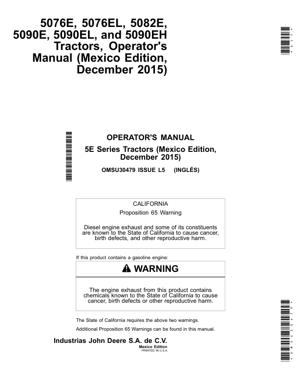 John Deere 5076E 5076EL 5082E 5090E 5090EL, 5090EH Tractors Operator's Manual (OMSU30479)