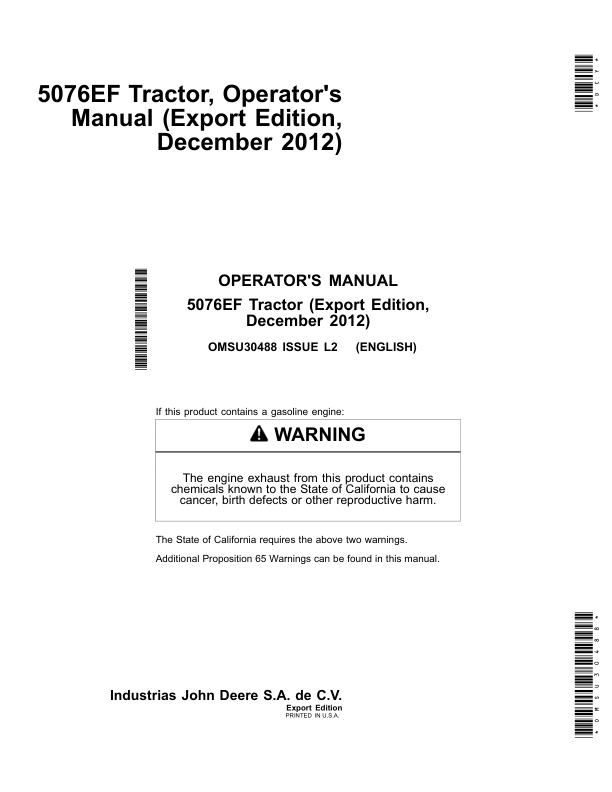 John Deere 5076EF Tractor Export Edition Operator's Manual (OMSU30488)