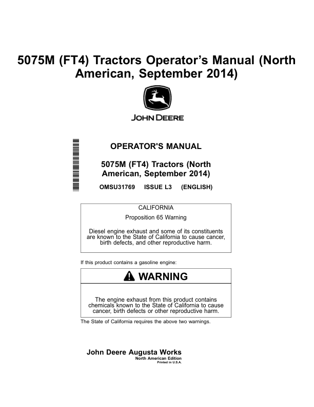 John Deere 5075M (FT4) Tractors Operator's Manual (OMSU31769)