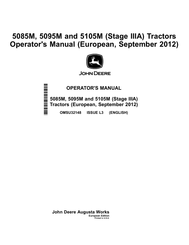 John Deere 5085M, 5095M, 5105M (Stage IIIA) Tractors (September 2012) Operator's Manual (OMSU32148)