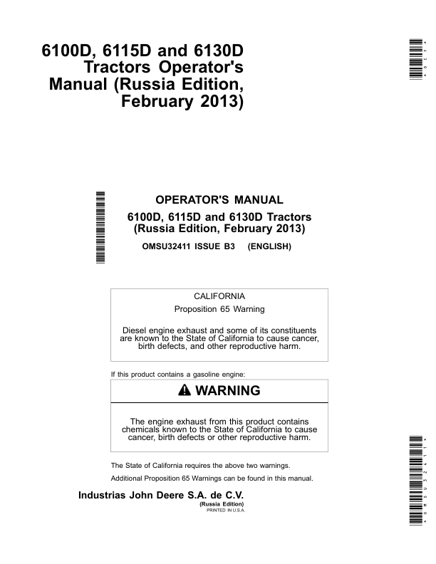 John Deere 6100D 6115D, 6130D Tractors (Russian Edition) Operator's Manual (OMSU32411)