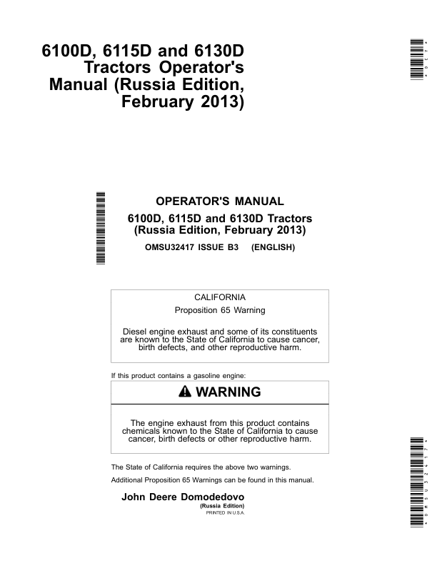 John Deere 6100D, 6115D & 6130D Tractors Operator's Manual (OMSU32417)
