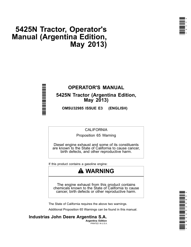 John Deere 5425N Tractor Operator's Manual (OMSU32985)