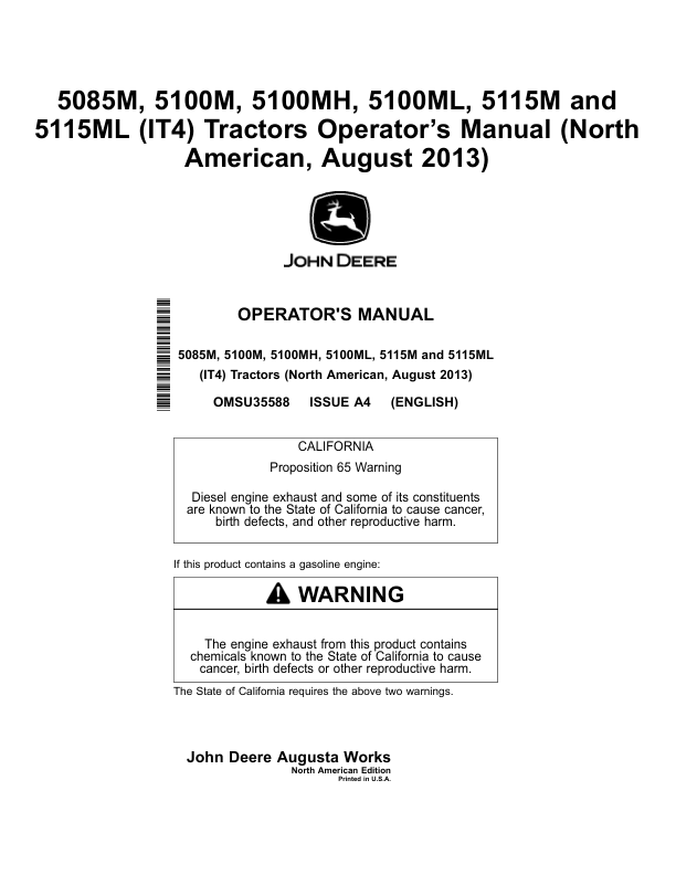 John Deere 5085M, 5100M, 5100MH, 5100ML, 5115M & 5115ML Tractors (IT4 Engines) (Mfg in USA) Operator's Manual (OMSU35588)
