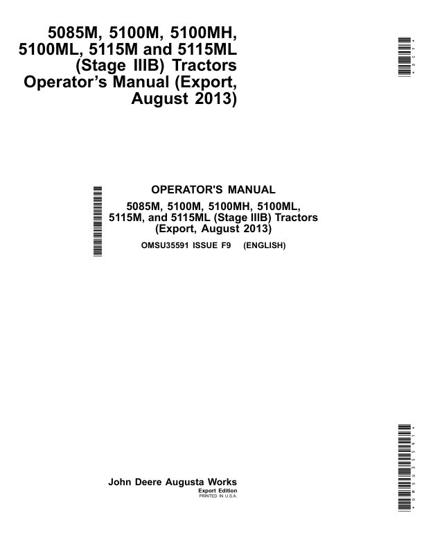 John Deere 5085M, 5100M, 5100MH, 5100ML, 5115M, 5115ML (Stage IIIB) Tractors Operator's Manual (OMSU35591)
