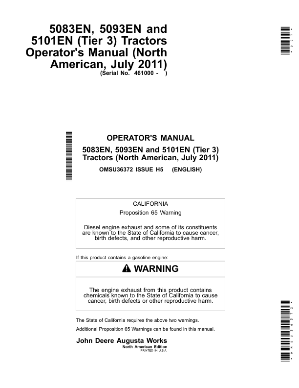 John Deere 5083EN, 5093EN, 5101EN (Tier 3) Tractors (July 2011) (461000-) Operator's Manual (OMSU36372)