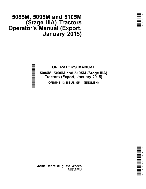 John Deere 5085M, 5095M & 5105M Tractors (Stage IIIA) Export Edition (January 2015) Operator's Manual (OMSU41143)