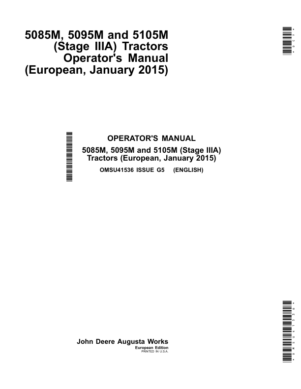 John Deere 5085M, 5095M & 5105M (Stage IIIA) Tractors European Edition (January 2015) Operator's Manual (OMSU41536)